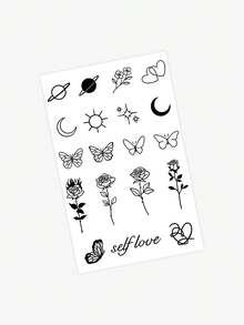 1 Sheet Herbal Floral Temporary Tattoos Stickers, Rose, Butterfly, Moon, Heart Design, Long Lasting 7-14 Days, Waterproof, Sweatproof, Suitable For People - Black - View 5