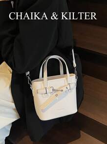 CHAIKA & KILTER 1pc Plain PU Leather Women Handbag, Fashion Litchi Texture Bucket Bag With Metal Eyelets, Dual Handles Design, Zipper Closure, Detachable & Adjustable Shoulder Strap, Suitable For Daily And Outing Use