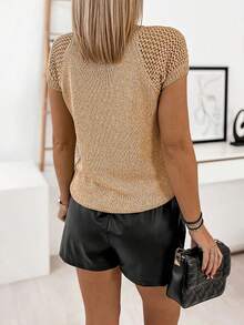 Áo len tay ngắn màu trơn đa năng, Xuân/Hè - Màu Khaki - Xem 4