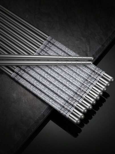6/10pcs Stainless Steel Chopstick Set, Porcelain Pattern, Non-Slip & Heat-Resistant, Adult Tableware Chopstick Set For Home Use