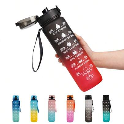 Garrafa de água esportiva de 1000 ml com tampa, cor gradiente para acampamento e caminhada, copo de água portátil de grande capacidade para escritório, à prova de vazamentos, marcações de tempo e volume, garrafa de água esportiva de plástico com canudo, adequada para esportes ao ar livre, ciclismo e corrida