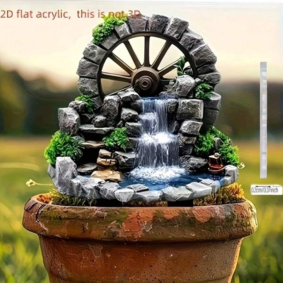 1pc 2D Acrylic Waterfall Fountain Planter - Modern Design, Multipurpose Garden Art Decor With Stone Wheel & Greenery, Suitable For Home, Lawn, Outdoor Decoration And Gift, Plastic Waterfall Decor - Multicolor - View 1
