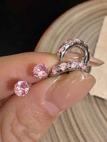 2 Pairs Elegant Geometric Round Simple Copper Hoops With Cubic Zirconia Inlaid, Minimalist Style Ladies' Daily Earrings - Silver+Pink - View 3