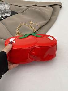 Bolso bandolera con forma de cereza roja, nuevo modelo de verano 2025 para damas, bolso con cadena para el hombro, estilo dulce y kawaii, monedero para teléfono con diseño único de fruta, contraste de color, forma asimétrica y redonda - Rojo - Ver 5