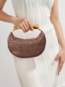 Geantă de paie cu mâner metalic la modă, stil casual de vacanță, geantă de mână simplă pentru femei, potrivită pentru plajă, articole esențiale de călătorie, utilizare în vacanță, accesorii de plajă perfecte pentru femei