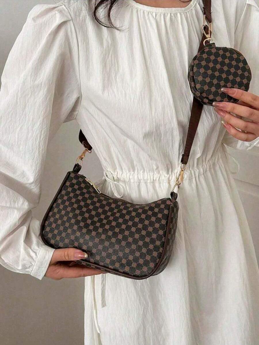 Bolso tipo hobo de impresión geométrica, liviano y de estilo casual empresarial, con cremallera y monedero, perfecto para adolescentes, mujeres, estudiantes universitarias, principiantes y trabajadores de cuello blanco, ideal para oficina, universidad, trabajo, negocios, viajes, actividades al aire libre y salidas. Bolso de mujer con monedero.