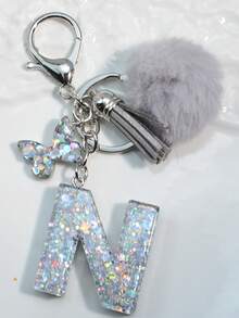 1 件首字母银色闪光钥匙扣，树脂滴蝴蝶吊坠，包/车装饰，男女通用礼物汽车配件包魅力学校可爱哥特 Y2k - 銀色 - 查看 29