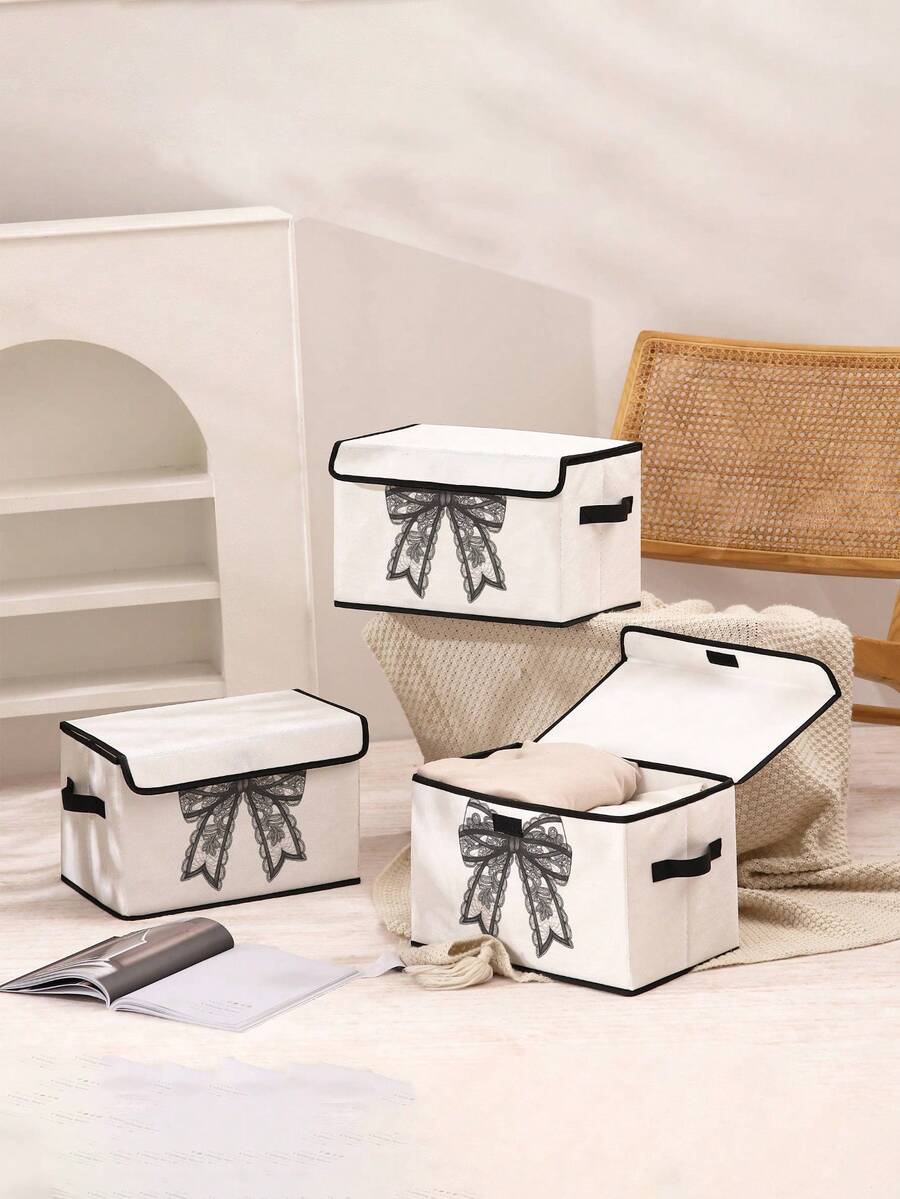 1 pieza Caja de almacenamiento con tapa estampada con lazo, cesta de almacenamiento plegable con asa, organizador ligero, contenedor de almacenamiento con tapa de uso múltiple para ropa, mantas y varios