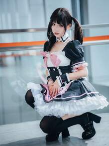 1 Stück süßes Kawaii Doppelreiher-Kleid mit Katzenpfoten-Schürze, rosa Schleife, ohne Katzenohren-Stirnband, japanisches Maid-Kostüm für Cosplay, Partys, Fotoshootings, Halloween