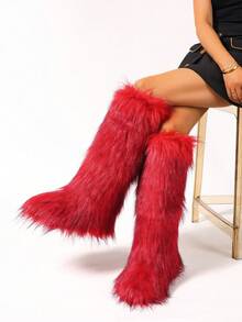 Women Faux Fur Boots, Solid Color Cute & Sexy Fabric Faux Fur Panel Design Fluffy Boots For Outdoor, Party, Holiday, Spring, Autumn, Winter
