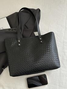 Túi Tote In Chữ Dung Tích Lớn, Túi Đeo Vai Thiết Kế Đơn Giản Cho Nữ, Thích Hợp Đi Làm, Phong Cách Châu Âu & Mỹ - màu đen - Xem 6