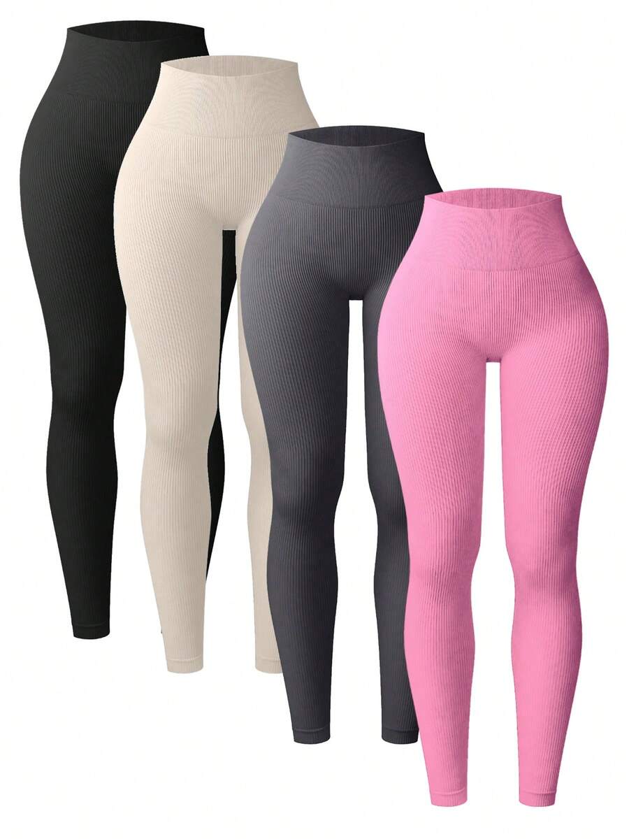 4pcs Ribbed Seamless Leggings, Outdoor Sports Yoga Pants, Workout Base Layers, Ribbed High Stretch, Versatile For Gym, Outdoor Wear Spring - Multicolor - View 1