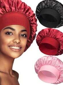 3PCS Silk Bonnet For Sleeping, Satin Hair Bonnets, Soft Elastic Band Silk Sleep Cap, Silk Hair Wrap For Curly Hair (Black Gold) Back To School Hair Bonnet