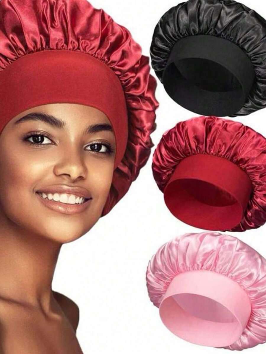 3PCS Silk Bonnet For Sleeping, Satin Hair Bonnets, Soft Elastic Band Silk Sleep Cap, Silk Hair Wrap For Curly Hair (Black Gold) Back To School Hair Bonnet