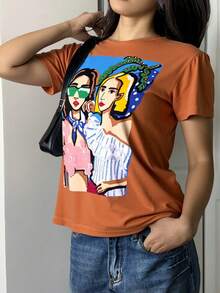 Camiseta estampada de mujer moderna, casual, sencilla y versátil. - Naranja - Ver 1