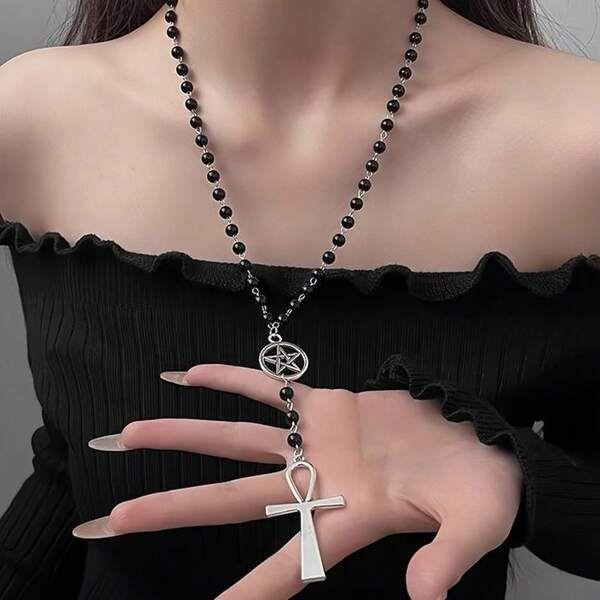 1pc Ascension Day Black Beaded Cross Star Hollow Necklace, Multicolor Resin Metal Material Gothic Style Beaded Chain, Lightweight Fashionable Accessory Suitable For Women, Men, Party, Daily Wear, School, Travel