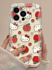 Sanrio 1pc Cute Bow Kitten, Polka Dot APPLE Drawing, Cream Edge Phone Case, Drop-Proof And Non-Yellowing Compatible With Apple 16/15/11/12/13/14 Pro Max/Xs/Xr/11 Pro/11 Pro Max/12 Pro/12 Pro Max/13 Pro/13 Pro Max/7 Plus/14 Pro/14 Pro Max/14 Plus/8 Plus /Se2,Galaxy /S21 5G/S21 FE 5G/S21 Ultra 5G/ S22/S22 Ultra/S22+/S23 Ultra/S23/S23+/S24/S24+/S24 Ultra/S24FE /S25/S25+/S25 Ultra, Xiao Mi, Redmi Note, OPPO, Vivo, Honor Waterproof Shockproof Anti-Fall Scratch Resistant