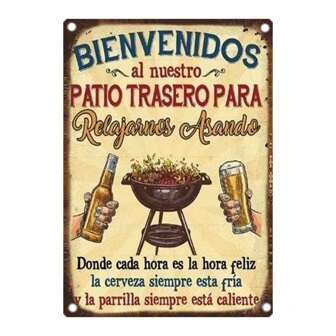 1 pieza Letrero de metal vintage para barbacoa "Bienvenido a la nueva zona de barbacoa" - Estilo rústico retro 12"X8" Decoración de pared de metal durable con escena de barbacoa festiva, adecuado para patio interior/exterior, decoración del hogar para entusiastas de la barbacoa, decoración de metal para exteriores, estilo de agujero aleatorio