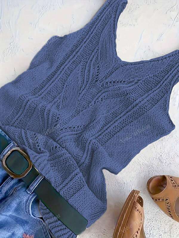1 pieza Chaleco sin mangas elegante de punto y cuello en V para mujer talla grande - Top casual versátil de unicolor, apto para primavera y verano