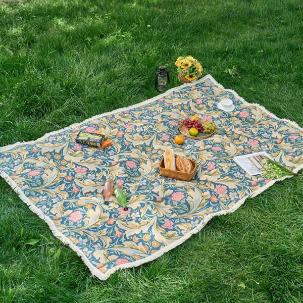 1pc Jacquard Weaving Tassel Patterned Picnic/Beach Blanket, Table Cloth In Boho Style