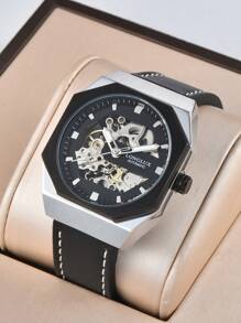 LONGLUX 1pc Men's Automatic Mechanical Watch With Leather Strap, Water-Resistant, Casual, Carved Hollow Movement Watch