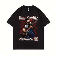 German Rock Band Tokio Hotel Tom Kaulitz Graphic T-Shirt  Vintage Punk Gothic Tshirt Male Hip Hop Oversized Short Sve TeesY2K Wo's 220g Thick Cotton T-Shirt With Butterfly Print Pattern, Suitable For Girls And Wo's Short Sved Round Neck Inspirational Shirt, Cute Aesthetic Y2K Style Summer Top, Suitable For Outdoor, Family, Work Or Street Wear Casual Loose Daily T-Shirt - 黑色 - 查看 1