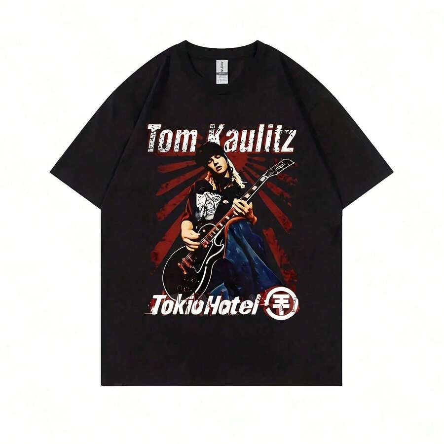 German Rock Band Tokio Hotel Tom Kaulitz Graphic T-Shirt  Vintage Punk Gothic Tshirt Male Hip Hop Oversized Short Sve TeesY2K Wo's 220g Thick Cotton T-Shirt With Butterfly Print Pattern, Suitable For Girls And Wo's Short Sved Round Neck Inspirational Shirt, Cute Aesthetic Y2K Style Summer Top, Suitable For Outdoor, Family, Work Or Street Wear Casual Loose Daily T-Shirt - 黑色 - 查看 1