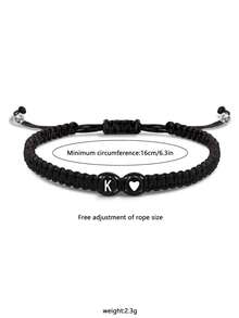 1 件 26 个字母情侣手链，适合女士少女可调节 A-Z 字母编织手镯，毕业生日礼物珠宝情人节 - 黑色 - 查看 6