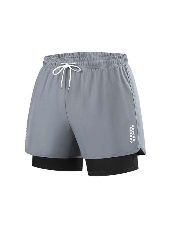 [二合一运动短裤] 女式运动几何图案短裤 - 95% 涤纶，5% 氨纶混纺，略有弹性，梭织运动休闲短裤，适合健身、锻炼、跑步、春季、夏季、秋季