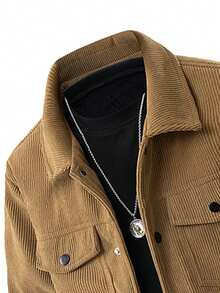 Men's Solid Color Shacket, Corduroy Collar, Casual Bomber Jacket For Autumn - Coffee Brown - View 4