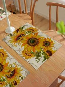 1pc/2pcs/4pcs/6pcs-Sunflower Checkered Illustration Green Leafy Plant Placemat, A Simple And Fresh Style Green Tropical Printed Linen Table Mat Combination, Suitable For Daily Decoration Party Table Mats In Spring And Summer - Multicolor - View 10