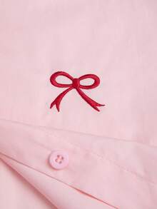 Women's Solid Color Minimalist Embroidered Bow Decor Long Sleeve Shirt Spring - Bow Pink - View 6