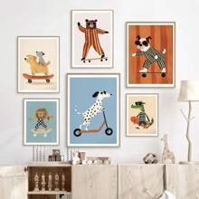 1pc Gift Funny Animals Rabbit Dog Cat Skateboard Posters Prints Wall Arts Canvas Nursery Picture For Baby Room Decor Optional Frame