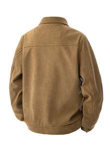 Men's Solid Color Shacket, Corduroy Collar, Casual Bomber Jacket For Autumn - Coffee Brown - View 3