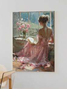 1 件帆布墙面艺术海报家居装饰礼品，捕捉身着飘逸玫瑰色连衣裙的女子之美，在盛开的鲜花环绕的阳光窗边阅读，可直接悬挂，可选带框 - 彩色 - 查看 17