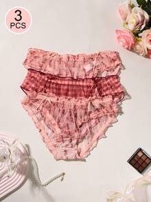 3pcs Cute & Modest Floral Print Mid-Waist Simple Women's Panties
