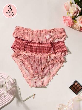 3pcs Cute & Modest Floral Print Mid-Waist Simple Women's Panties