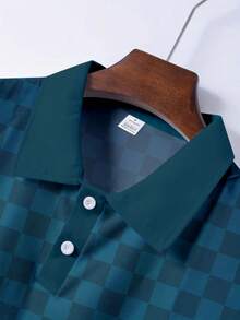 Camisa polo deportiva de manga corta con estampado de cuadros para hombres, adecuada para el trabajo diario, el trayecto y actividades al aire libre/vacaciones - Azul - Ver 4