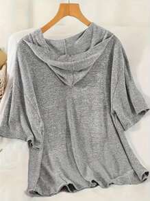 2pcs Plus Size Women Casual Set, Solid Color Knitted Fabric With Drawstring Tie, V-Neck Top With Ribbed Hem, Paired With Stretchy Shorts, Suitable For Spring, Summer, Autumn Seasons, Fit For Sporty, Leisure, And Daily Wear