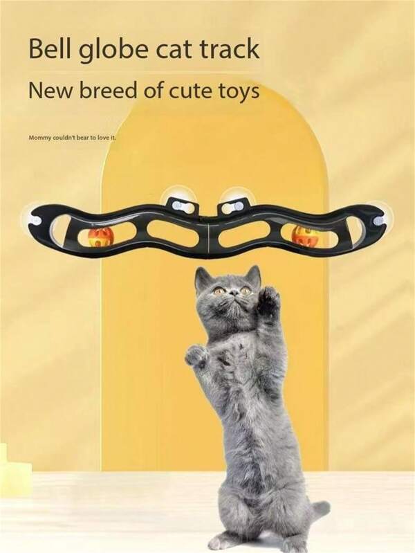 1pc Foldable Cat Tunnel Toy With Hanging Bell Ball, Suction Cup Design, Suitable For Mounting On Smooth Surfaces Like Windows, Tiles, Wood Board, Compatible With Cats, Black Wavy Track Bell Ball With Suction Cup Set