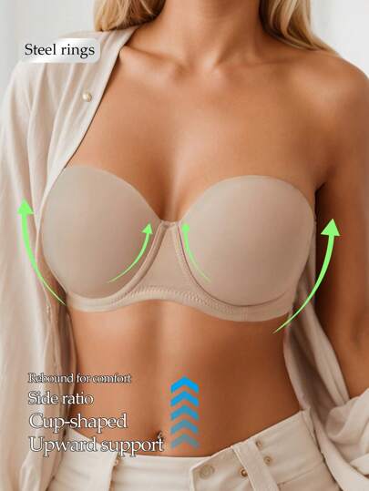 1pc Women's Skin-Color Strapless Bra, Solid Color, Comfortable Breathable Half Cup Push Up Side Correcting, Suitable For Dress