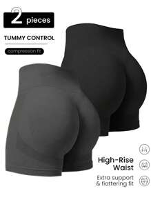 2 PEÇAS. Shorts de Ioga e Ginástica Sem Costura Femininos, Controle de Barriga, Levantamento do Bumbum, Secagem Rápida, Alta Elasticidade