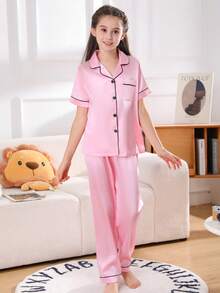 2pcs/Set Tween Girl Girls Pajama Set, Short Sleeve Top And Long Pants, Cute Solid Color Sleepwear, Spring/Summer - Pink - View 3