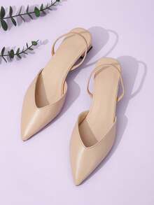 女士低跟凉鞋，黑色闭趾凉鞋，尖头时尚绑带凉鞋，PU鞋面女士平底鞋，适合婚礼、派对和日常穿着 - 米色 - 查看 3