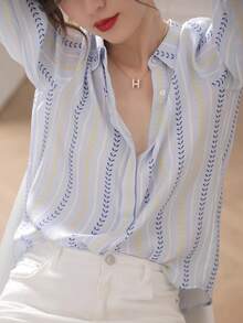 女士秋季服装，条纹前扣优雅女士衬衫，商务休闲女士上衣，初秋时尚长袖女士衬衫，万圣节服装女士 - 圖色 - 查看 4