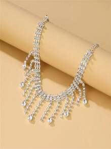 1 pièce Bracelet de cheville à pompons avec strass, bracelet de cheville minimaliste à double couche en forme de goutte d'eau pour les femmes, style estival décontracté, motif géométrique vintage en cuivre