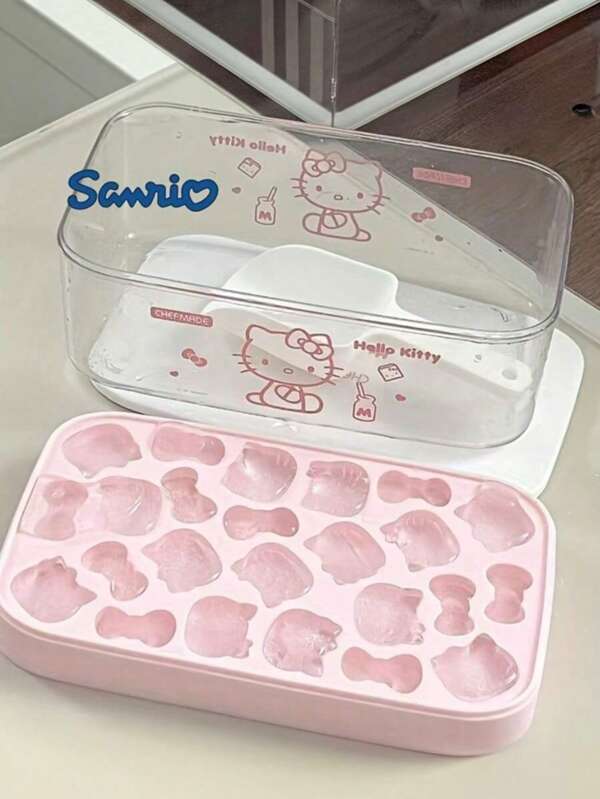 Sanrio 1 bandeja de gelo de silicone Hello Kitty com tampa, tema de gato de desenho animado, formato retangular flexível, adequada para produtos de gelo caseiros para acampamentos de verão, item essencial para cozinha e feriados, molde de gelo adorável em formato de gato e laço, 24 compartimentos para cubos de gelo