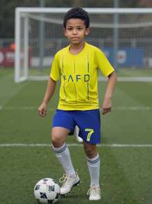 [Custom-Made] Personalized Name 2-Piece Set 2025 Riyadh Victory Same Style #7 Youth Boys' Football Jersey Set - Quick-Dry Breathable Polyester, Crew Neck Top And Shorts, Suitable For Boys Sports Training And Casual Wear, Outdoor Perfect Choice,Multi-Functional,Ornamental,Letter,Stylish,Modern,Colorful,Cute,Adorable,Casual,Custom,Personalised,Unique,Customized,Ideal Gifts For Him,Ideal Gifts For Her