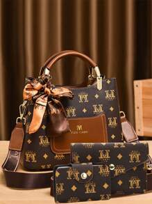 3 Peças Conjunto de Bolsas de Moda Feminina com Padrão Geométrico, Cor Marrom Escuro, Material de Couro Artificial, Forro de Poliéster, Borda de Óleo para Mulheres Elegantes