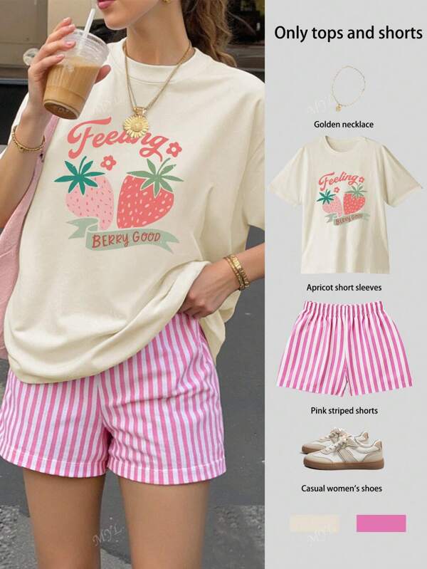 Erdbeermuster bedrucktes übergroßes Damen Kurzarm Top, Sommer Damen Outfit, Grafik T-Shirts, Grafik T-Shirts, Urlaub, Set, Sommer Damenkleidung, Damen Outfit Sets, Sommer Shorts, gestrickte Tops, gewebte Hosen, gestreifte Shorts mit weitem Bein Set, 2 Teile